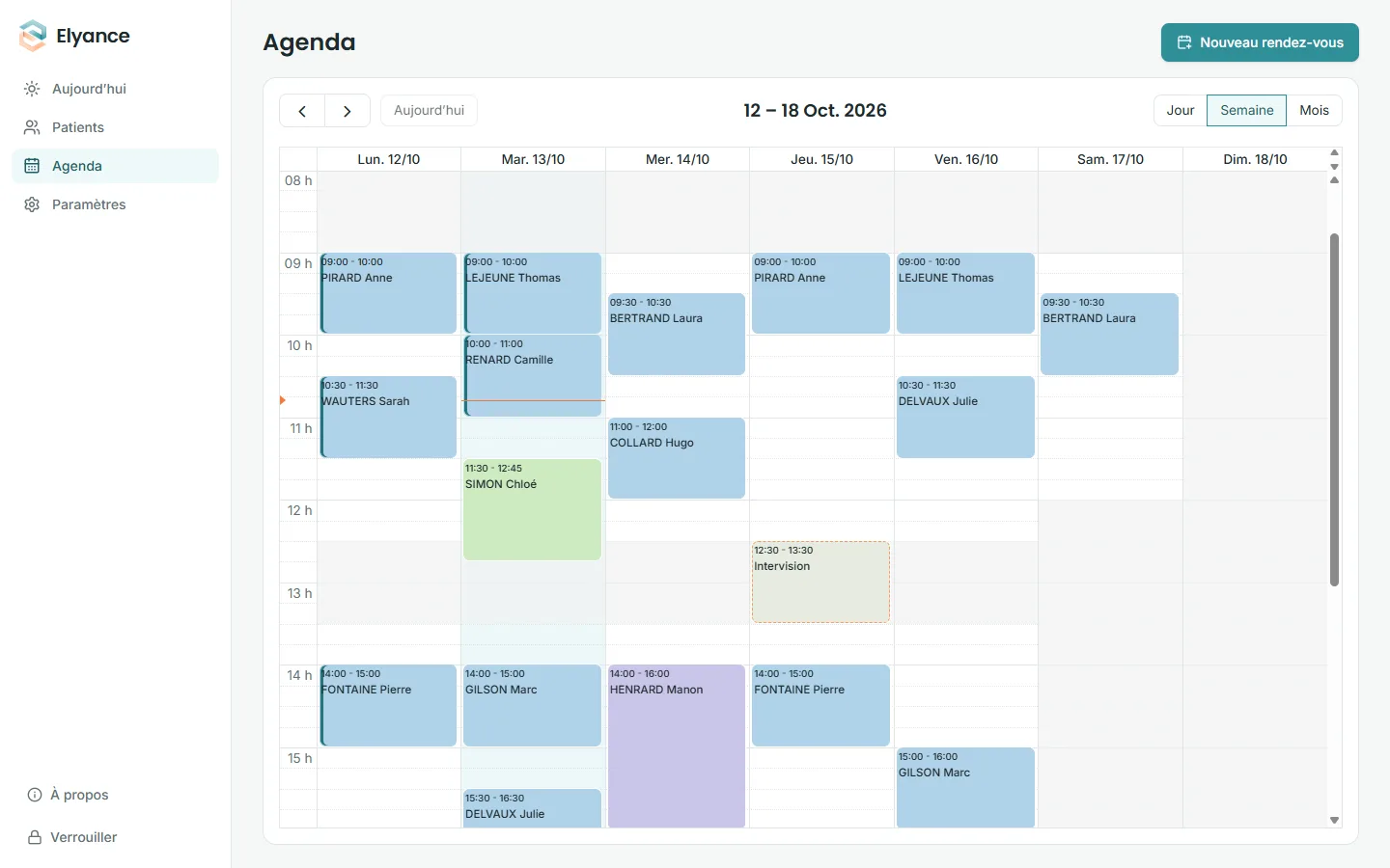 Agenda d'Élyance en vue semaine
