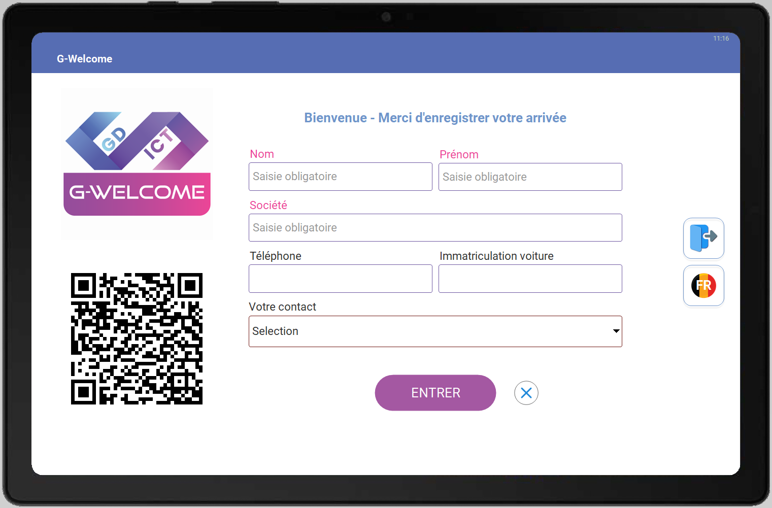 Capture d'écran de l'application G-Welcome Kiosk sur tablette